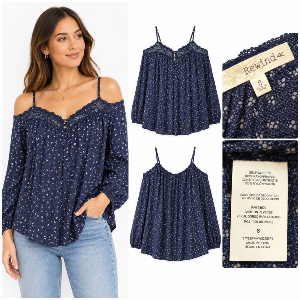 Rewind S Navy Lace Cold Shoulder Boho Blouse